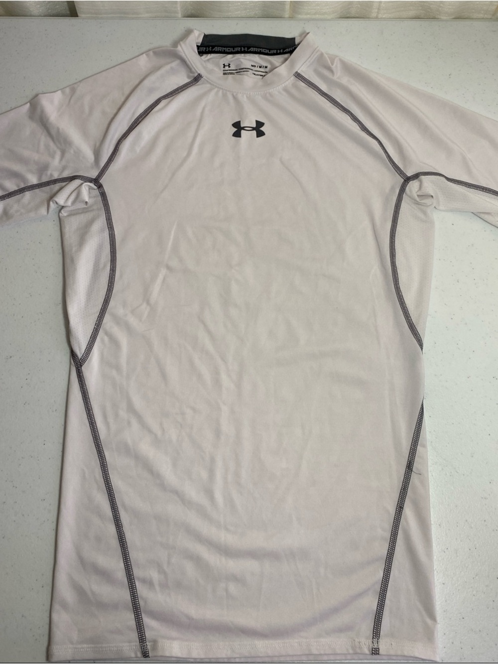 Under Armour Men’s White Short-Sleeve Compression Shirt with Gray Stitching